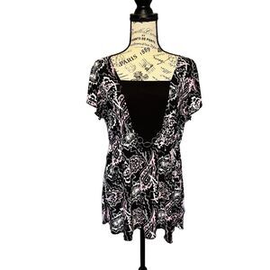Carole Little Black and Pink Print V-Neck Tunic Top - Size XL
